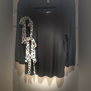 Cato Black Long Sleeve Top with Leopard Accent